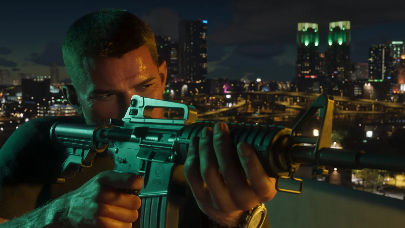 Jason visant avec une arme devant le paysage nocturne GTA VI