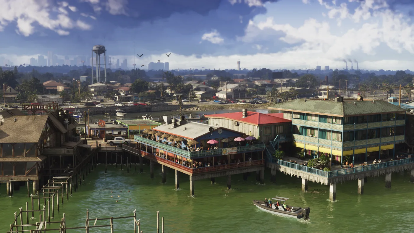 Speedboat near waterfront structures in Grassrivers